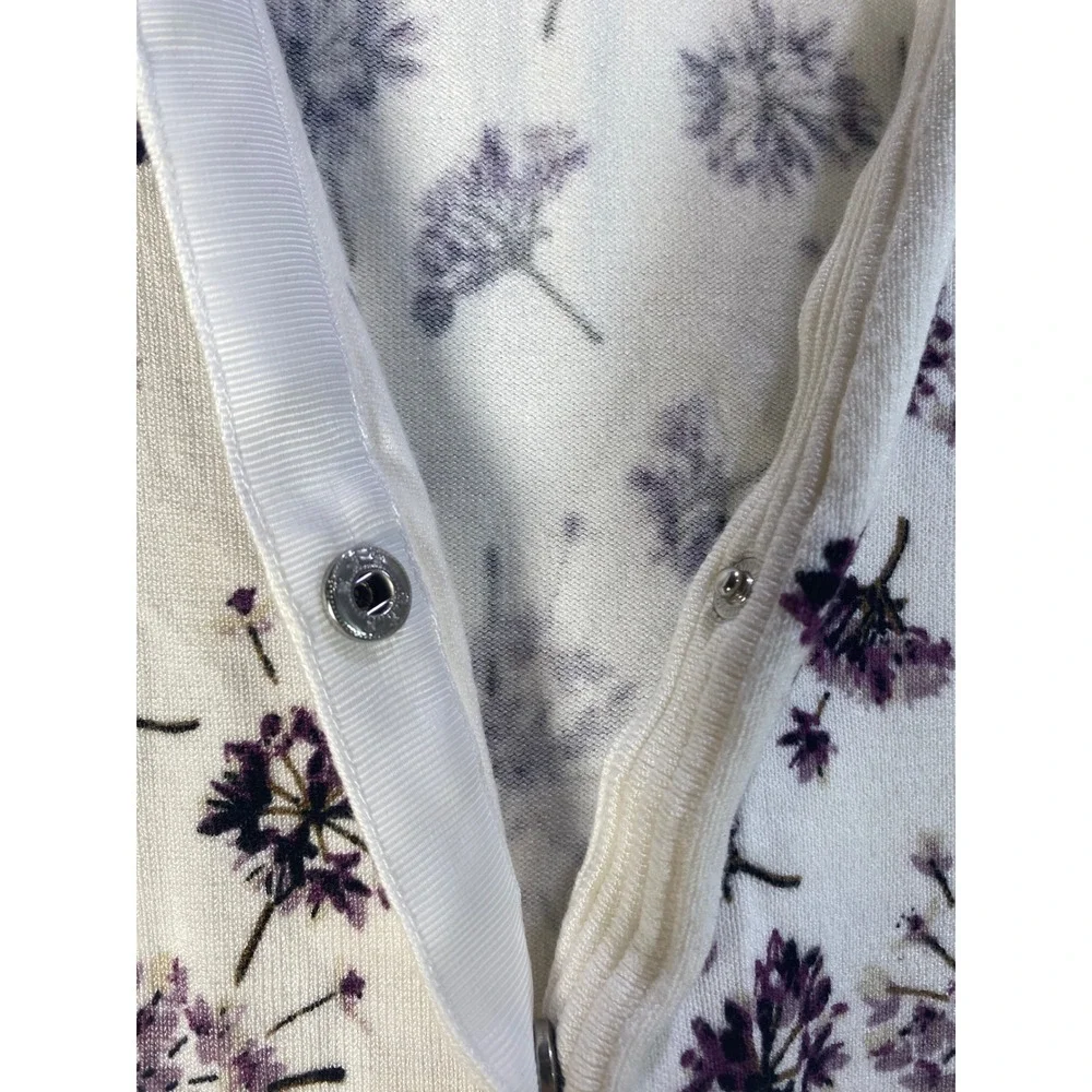 Carmen Marc Valvo Womens Floral‎ Snap Front Cardigan White Purple 3/4 Sleeve S